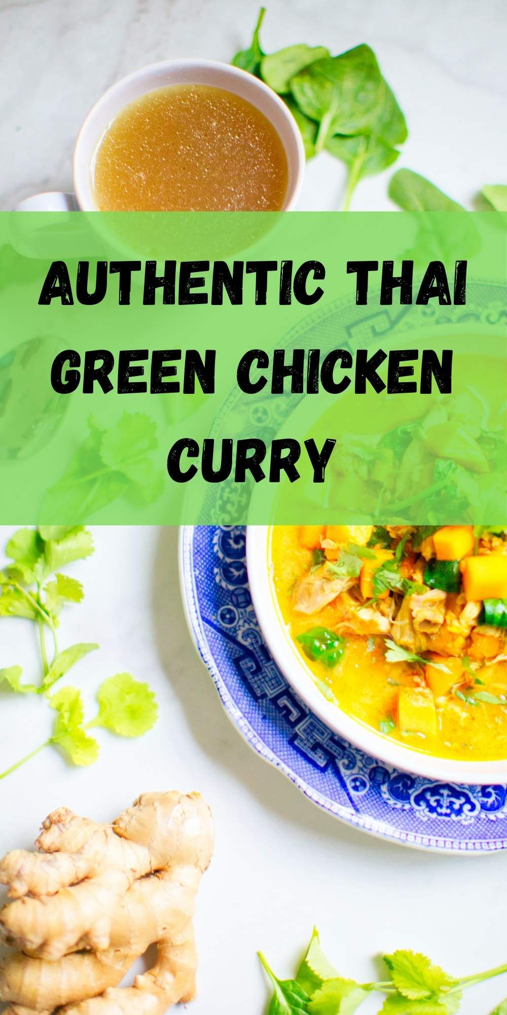 Authentic Thai Green Chicken Curry in a white bowl on a blue plate with coriander leaves on the white table cloth