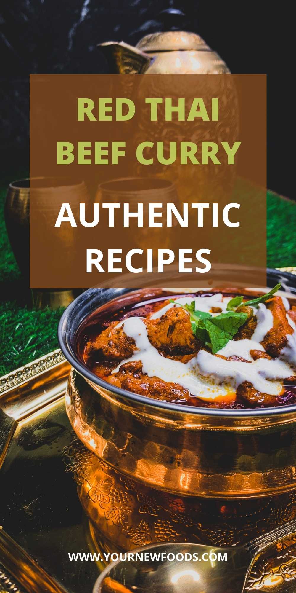 Authentic Red Thai Beef Curry with Coconut Milk in a golden dish and a green leafy background