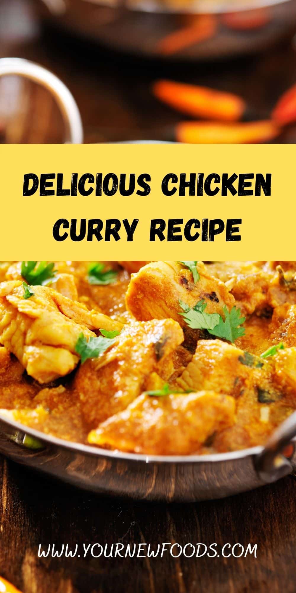 advertising banner showing delicious Chicken Curry Recipe in silver Balti style dishes with bowls of rice on a wooden table