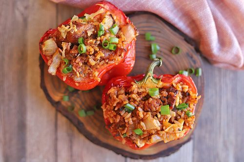 Air-fryer recipes for beginners Air fryer stuffed peppers with veggie sausage & rice ​