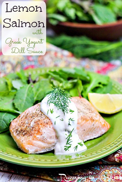 Oven Baked Lemon Salmon with Creamy Greek Yogurt Dill Sauce