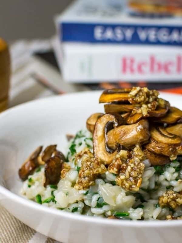Spinach and Mushroom Risotto with Pecan & Garlic Drizzle