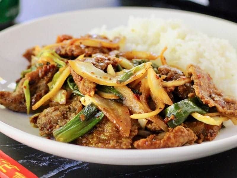 Stir fried beef with onions and spring onions