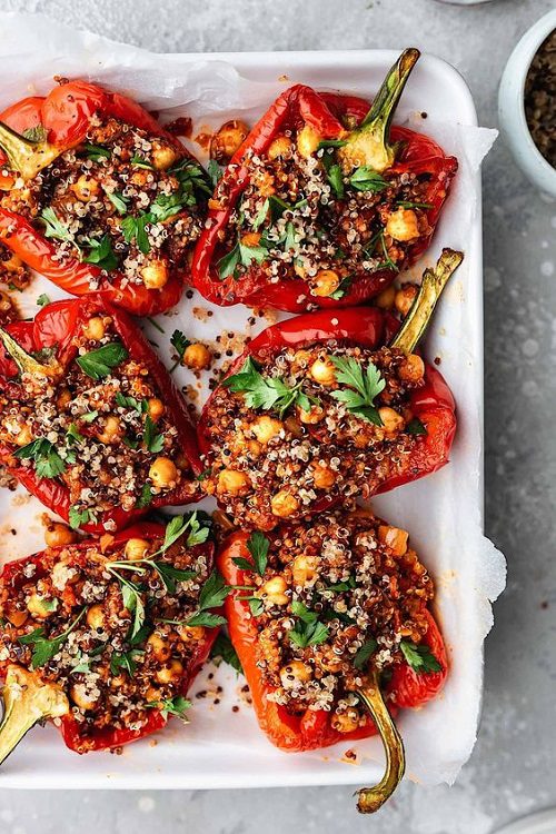 Vegan recipes with quinoa Chickpea and Quinoa Harissa Stuffed Peppers