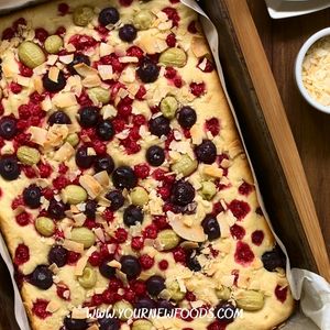 berry pudding with berries on a sheet pan