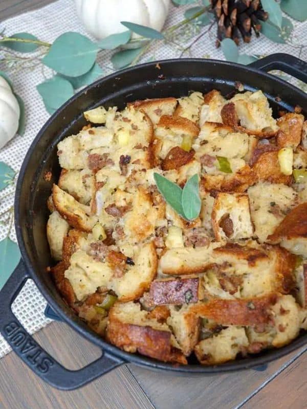 Thanksgiving Side Dish Sausage Stuffing Recipe with Sage, Apple, and Sourdough Bread