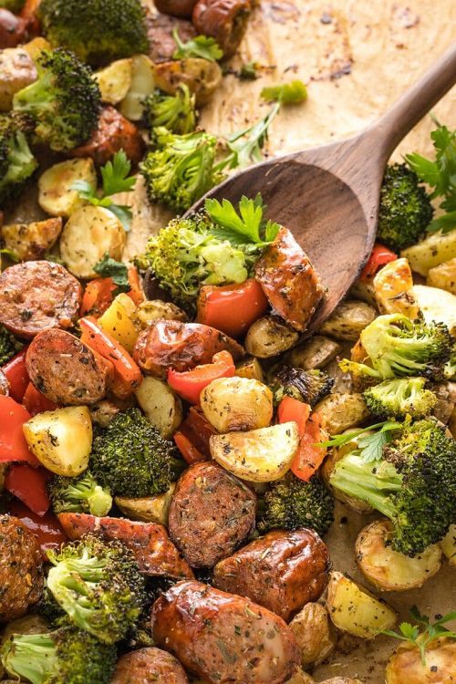 Sheet Pan Chicken Sausage with Broccoli, Peppers, and Potatoes