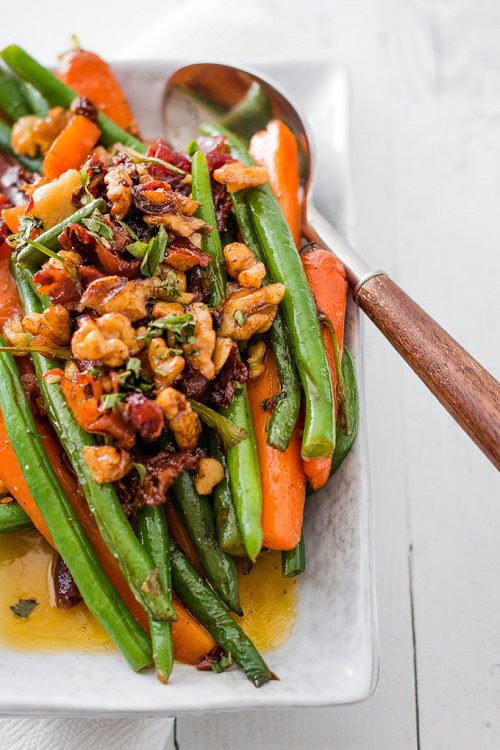 Maple Glazed Sauteed Green Beans and Carrots with Prosciutto and Walnuts