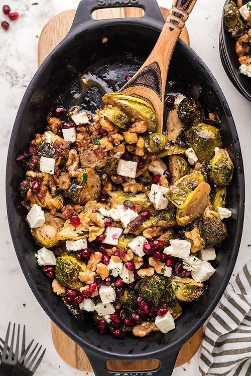 Roasted Brussels Sprout Pomegranate Pancetta Feta Casserole