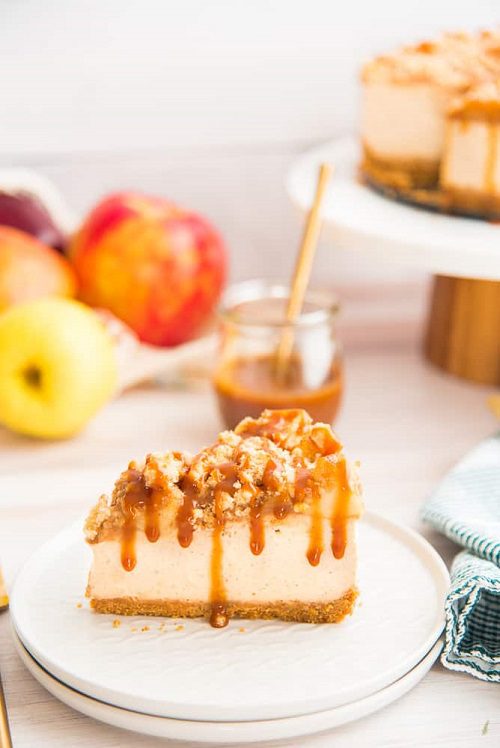 Apple Streusel Cheesecake with Caramel Drizzle