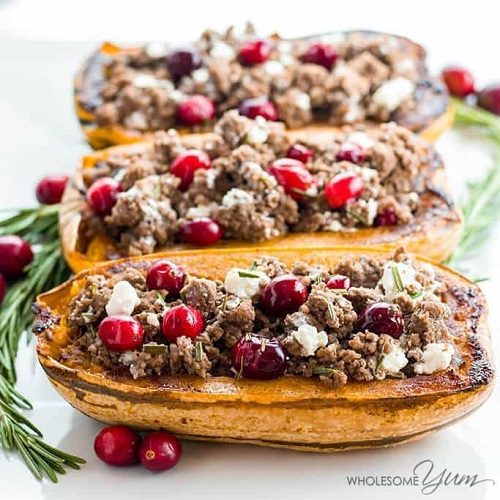 Christmas Dinner Stuffed Delicata Squash with Beef & Cranberries (Low Carb, Gluten-free)