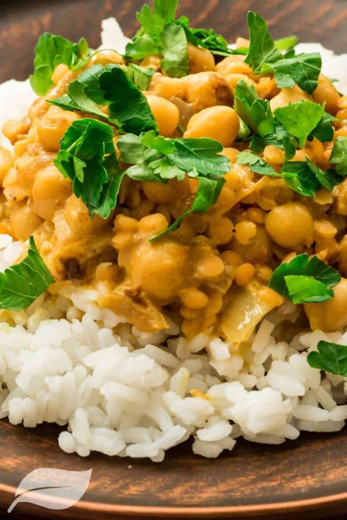 gluten free chickpea curry on a bed of white rice