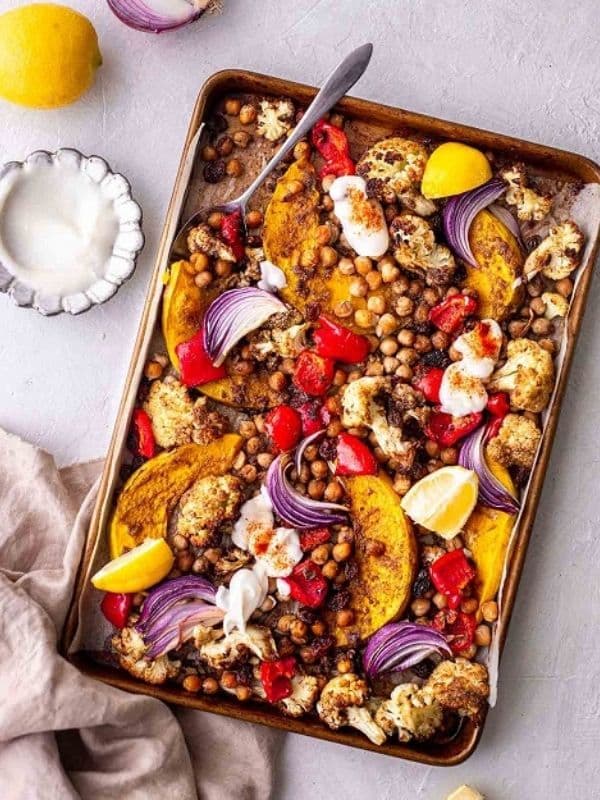Moroccan vegetable tray bake