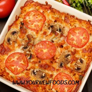 tomato and mushroom vegetarian casserole with melted cheese in a white square dish