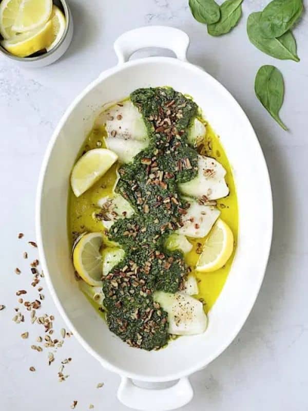 Baked Tilapia with Spinach Pecan Pesto