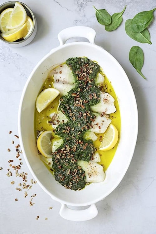 Baked fish with Spinach Pecan Pesto