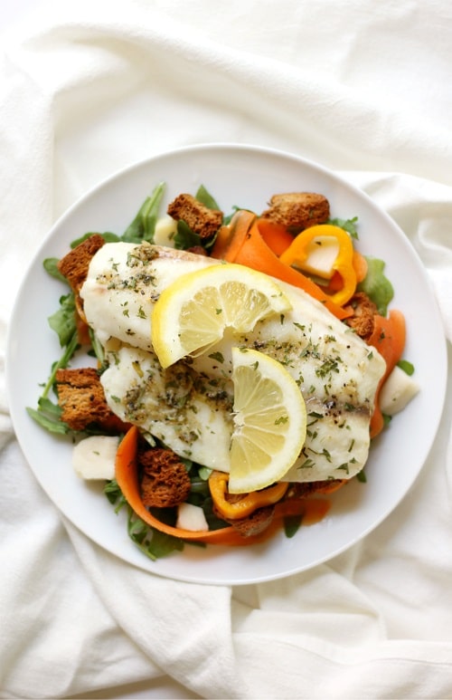 Lemon Pepper fish + Spring Arugula Salad & Garlic Herb Croutons