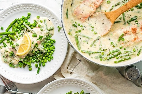 Fish and Fresh Vegetables with a Creamy White Wine Sauce