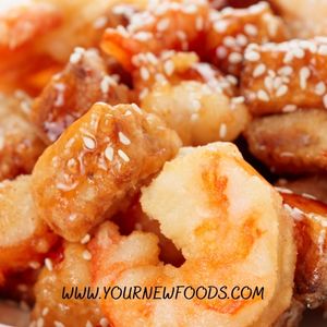close up view of chinese sweet and sour shrimp