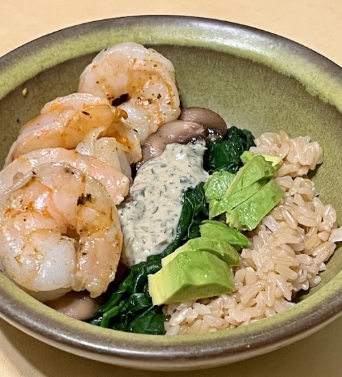 Air Fryer Grilled Shrimp Bowls With Veggies And Rice