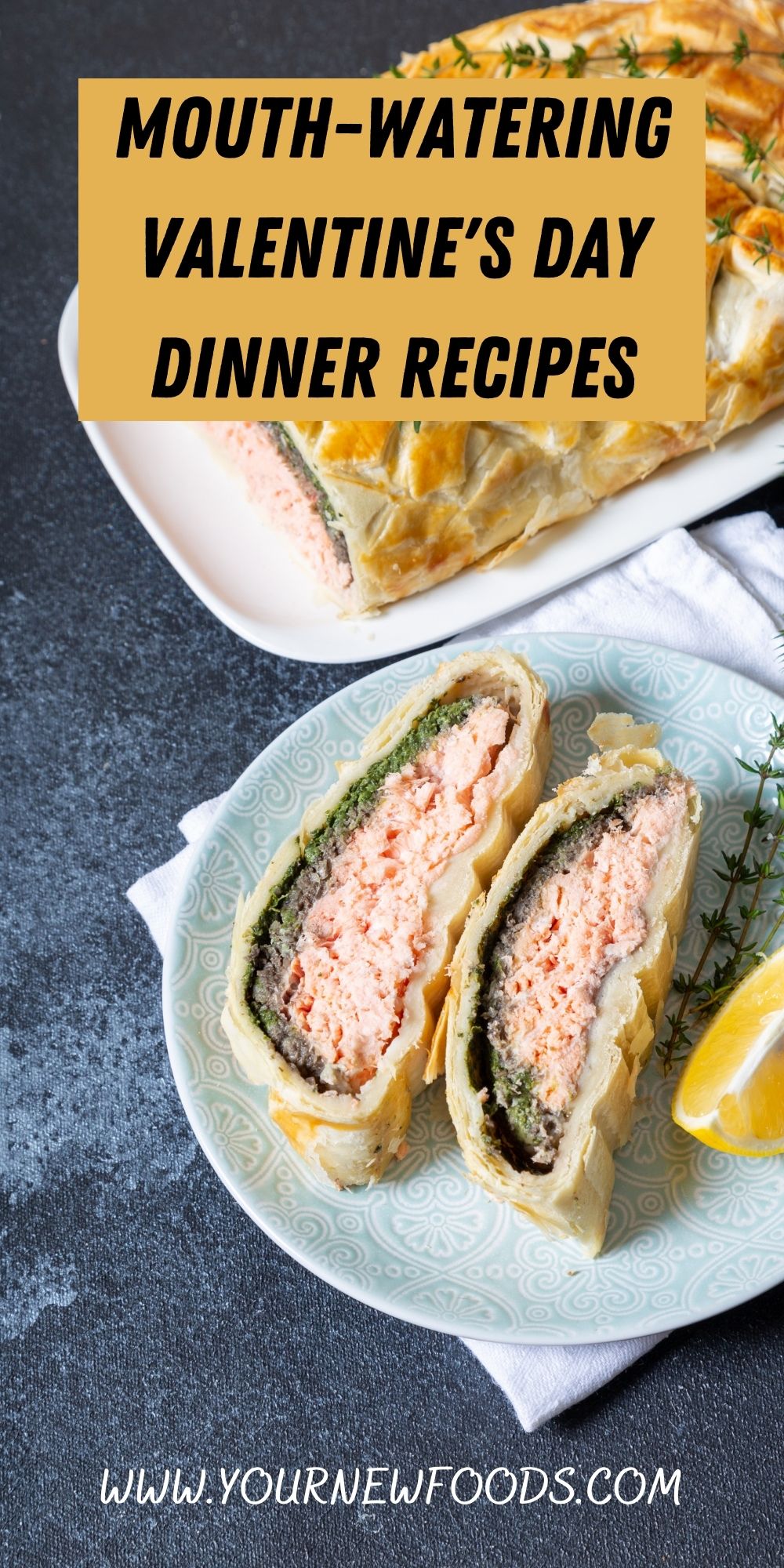 salmon wellington with two cut pieces showing the salmon inside