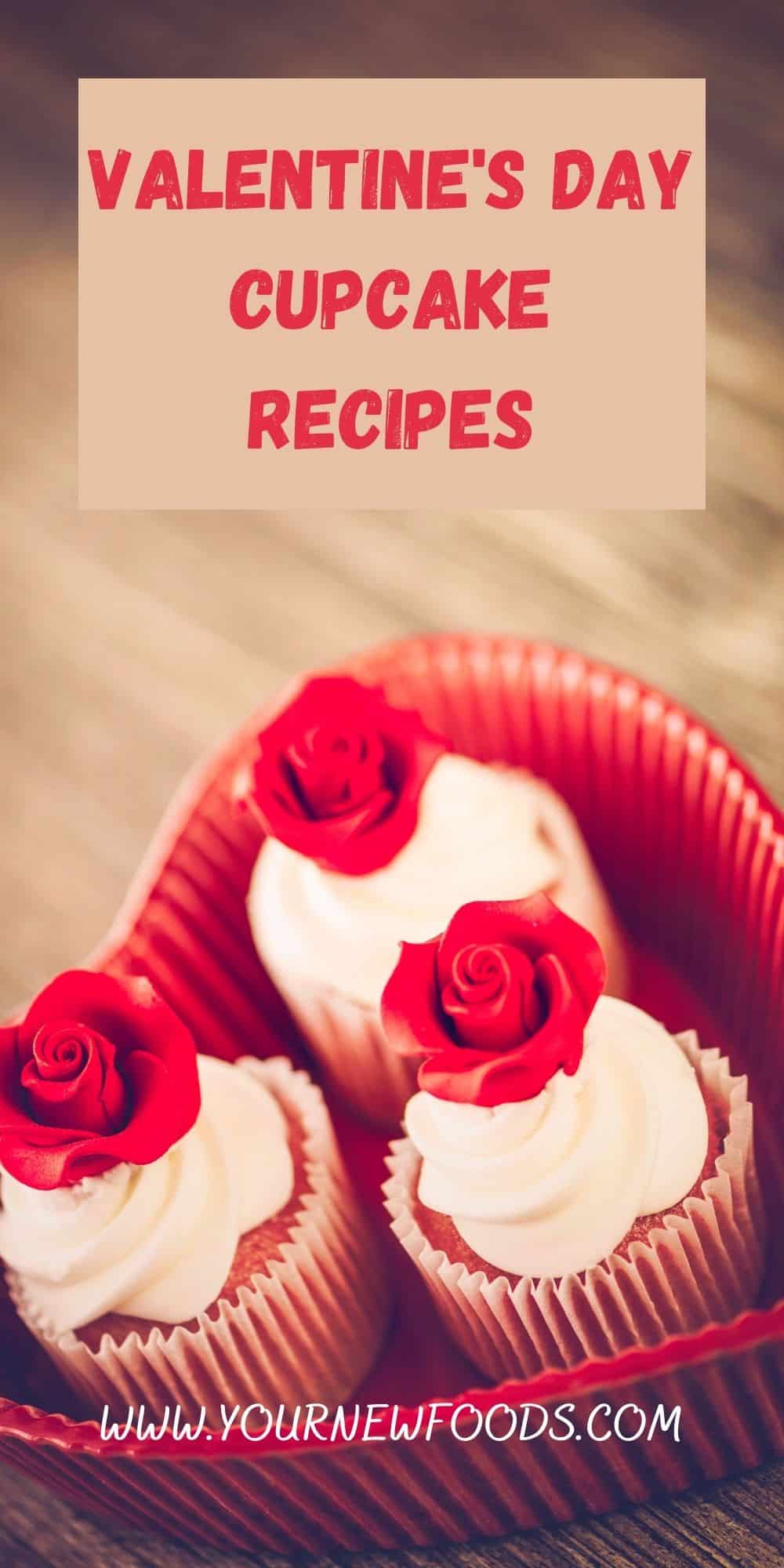 3 Valentine's Day Cupcakes with red rose frosting on top