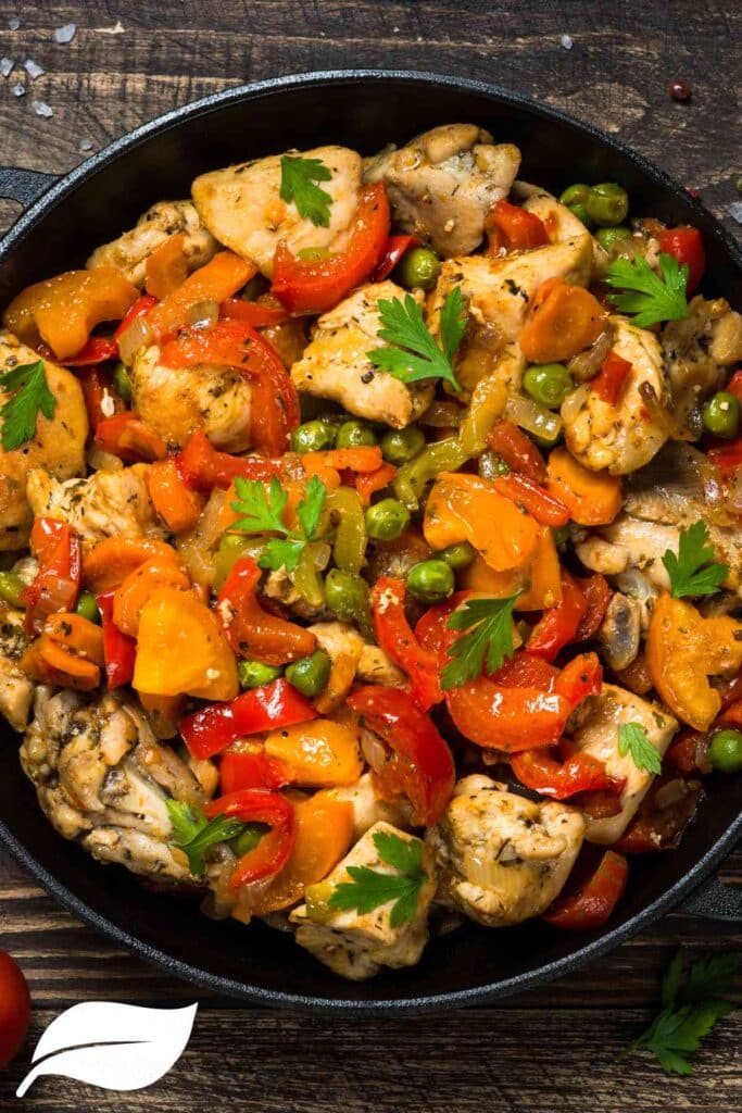 chicken and red pepper in a black round skillet