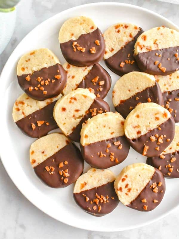 Chocolate Dipped Toffee Shortbread Cookies