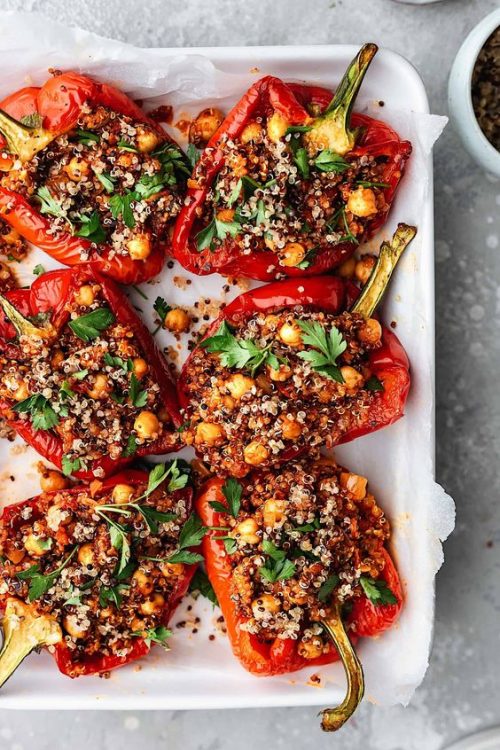 Chickpea And Quinoa Harissa Stuffed Peppers